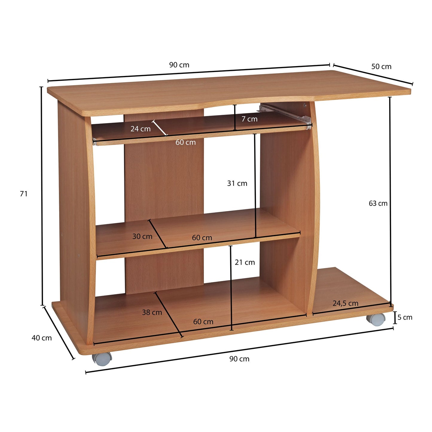 Computertisch GRASSE rollbar Buche 90 mal 71 mal 50 cm mit Tastaturauszug Laptop Tisch auf feststellbaren Rollen PC Tisch mit Drucker Ablage platzsparend Schreibtisch fuer kleine Raeume