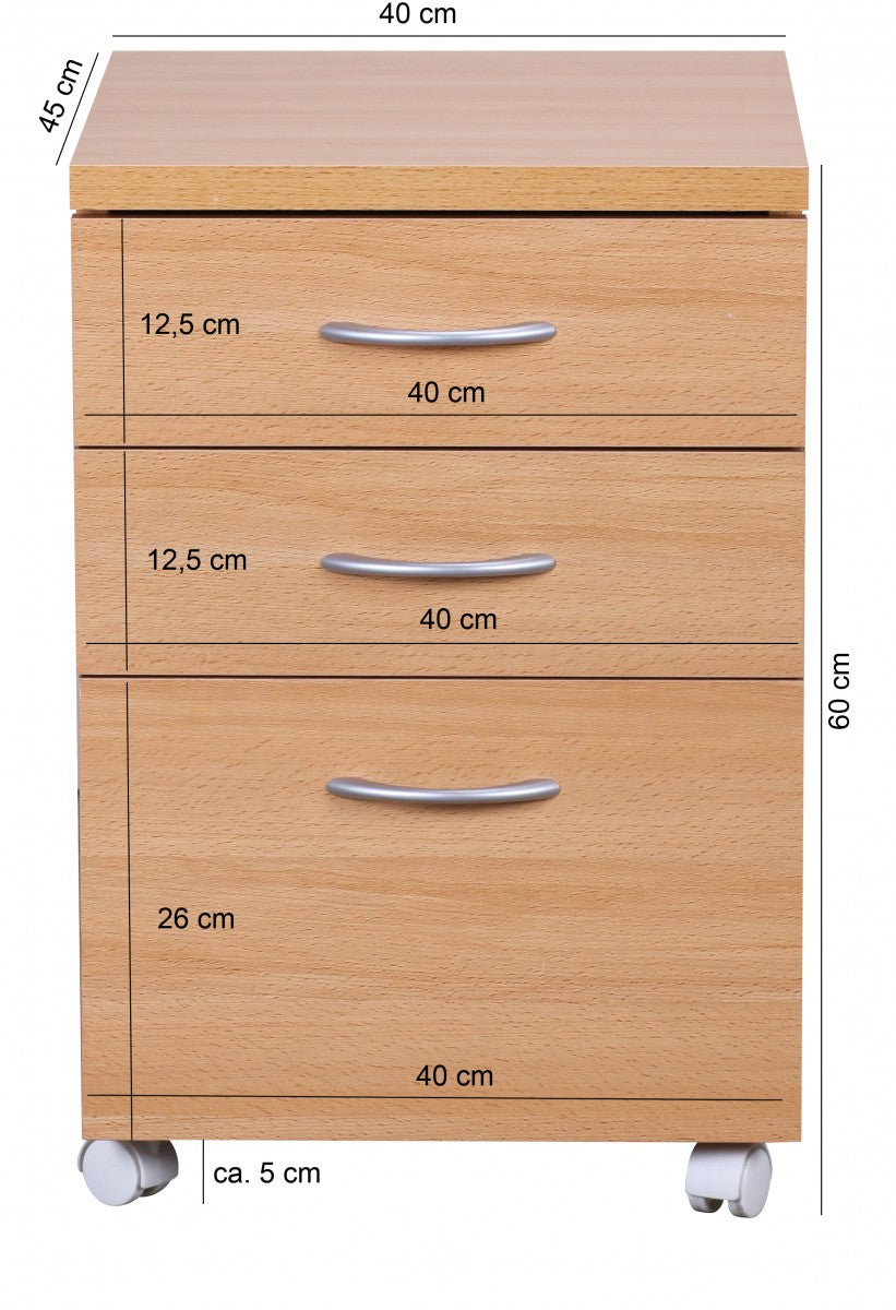 Rollcontainer OTTAWA 40 mal 60 mal 45 cm Unterschrank mit Rollen Buche Rollwagen mit Schubladen Roll Schrank Buero Kosmetikwagen Make Up Wagen Container unter Schreibtisch