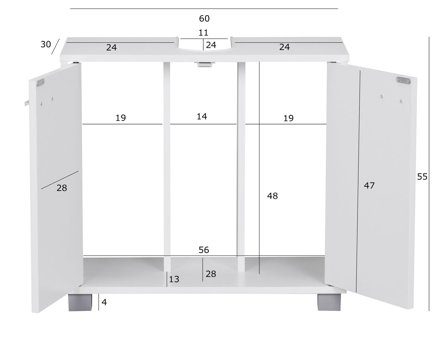 Design Waschbeckenunterschrank 60 mal 55 mal 30 cm Badunterschrank mit 2 Tueren Weiss Bad Aufbewahrung Stehend Waschtischunterschrank