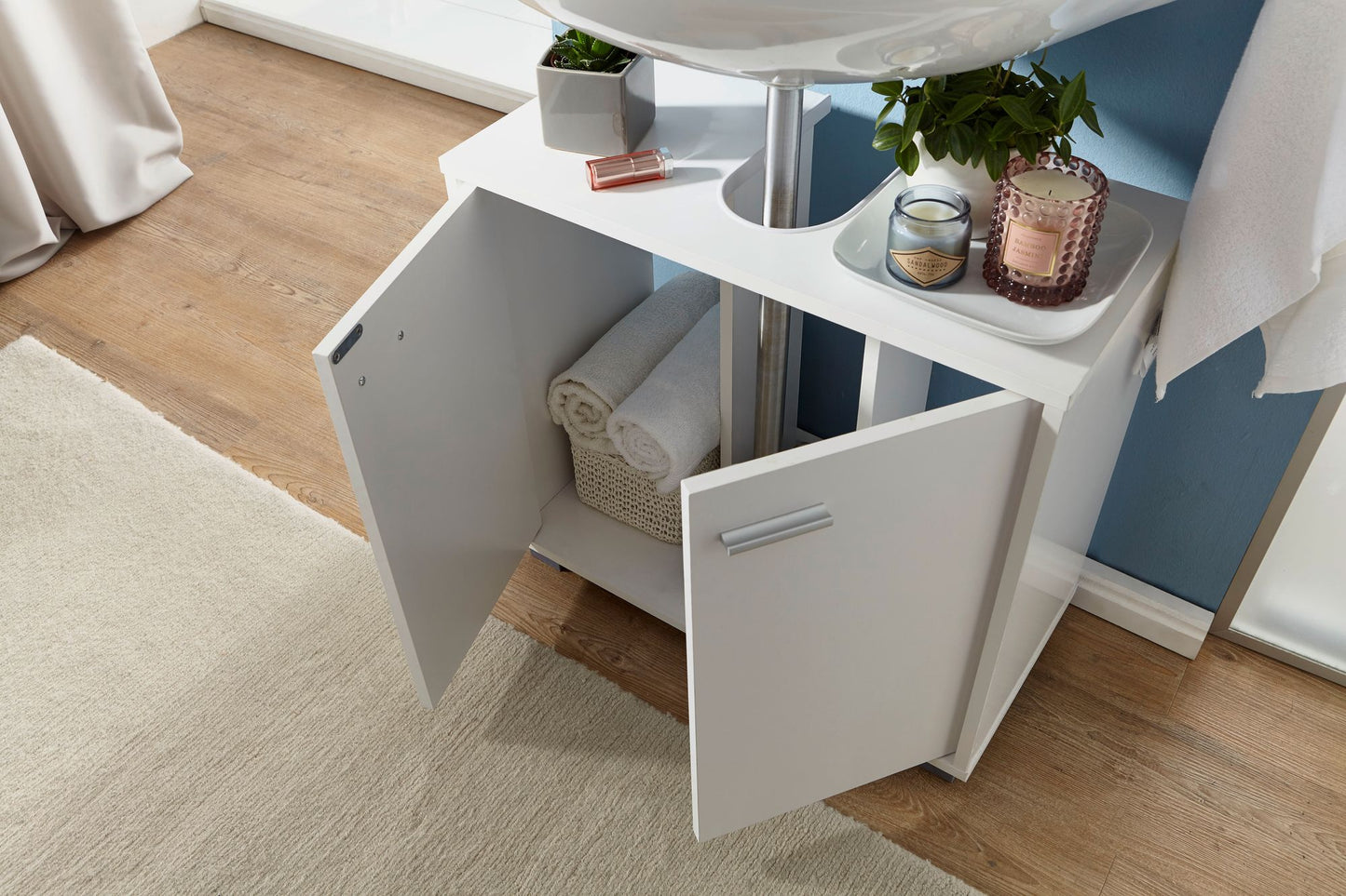 Design Waschbeckenunterschrank 60 mal 55 mal 30 cm Badunterschrank mit 2 Tueren Weiss Bad Aufbewahrung Stehend Waschtischunterschrank