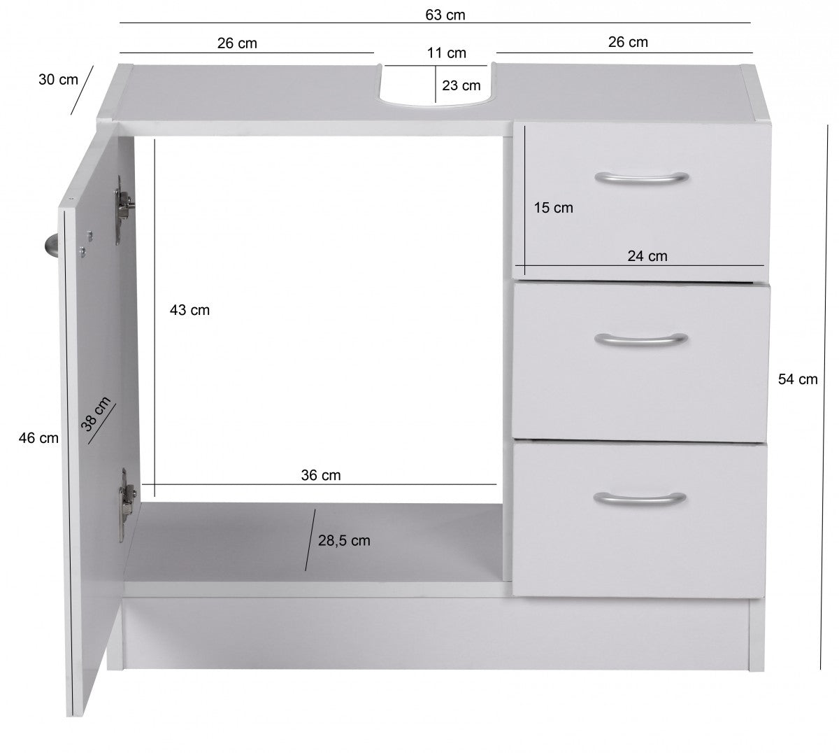 Bad Waschbecken Unterschrank 54 mal 63 mal 30 cm 1 Tuer 3 Schubladen weiss