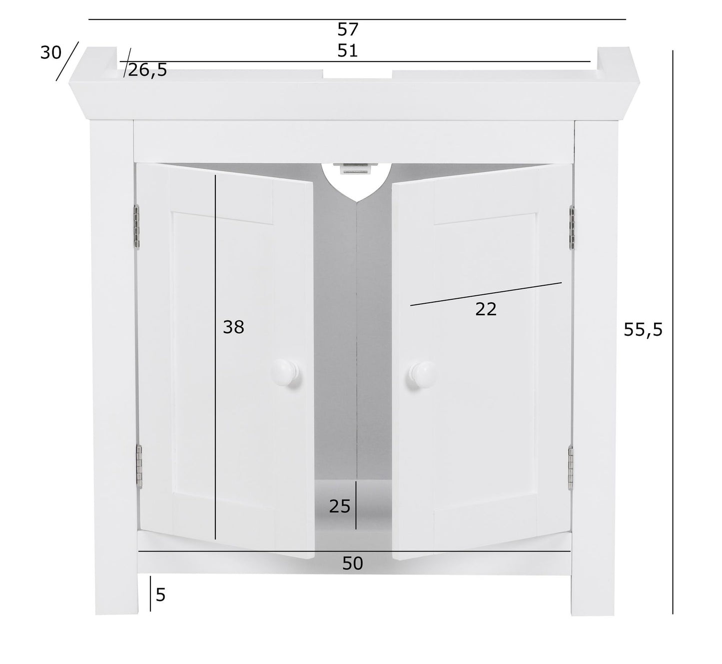 Design Waschbeckenunterschrank WL1.350 Badunterschrank mit 2 Tueren Weiss Kleiner Schrank Badezimmer 57 cm Breit Badschrank Waschbecken Stehend Bad Aufbewahrung Waschtischunterschrank