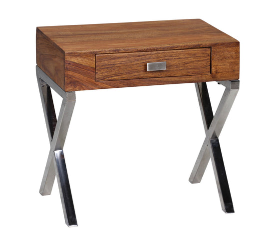 Nachttisch GUNA Massiv Holz Sheesham Nacht Kommode 45 cm 1 Schublade mit Metallbeine Nachtschrank Landhaus Stil Echt Holz Nachtkaestchen dunkel braun Nacht Konsole Natur Produkt Schlafzimmer Moebel