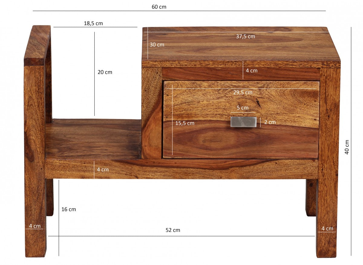 Nachttisch MUMBAI Massiv Holz Sheesham Nacht Kommode 40 cm hoch Schublade mit Zeitungsablage Nachtschrank Echt Holz