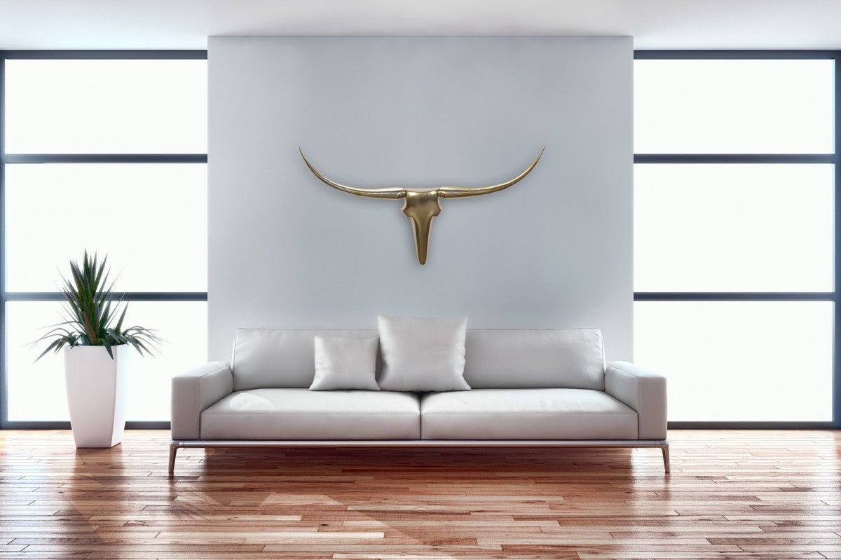 Deko Geweih Bull M WL1.392 Gold 100 cm Aluminium Design Hoerner Wanddekoration Stierkopf Horn Modern Wandskulptur Geweih Jagdtrophaee Metall Longhorn Wandschmuck Gross