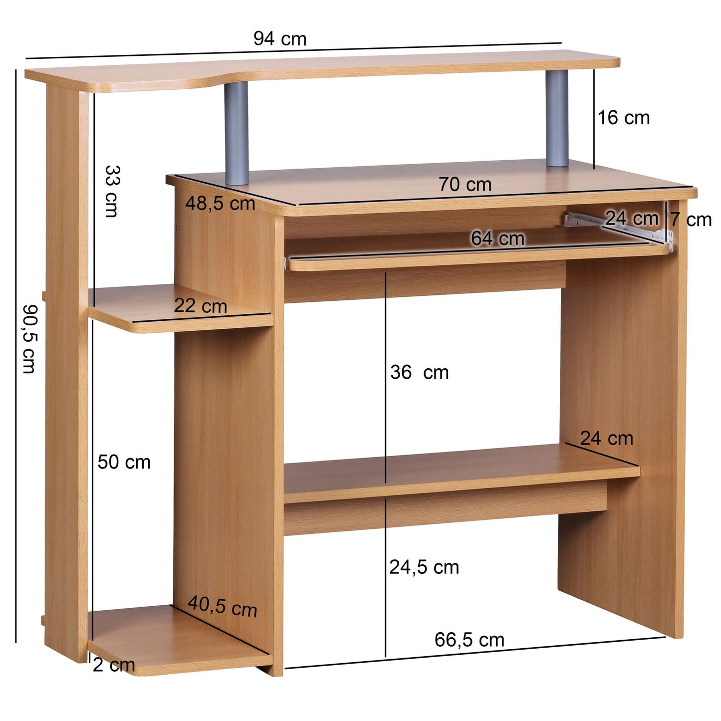 Computertisch WL1.163 Buche 94 mal 90 5 mal 48 5 cm Laptop Tisch Modern mit Tastaturauszug PC Tisch mit Drucker Ablage platzsparend Schreibtisch fuer kleine Raeume mit Ablage Laptoptisch Klein