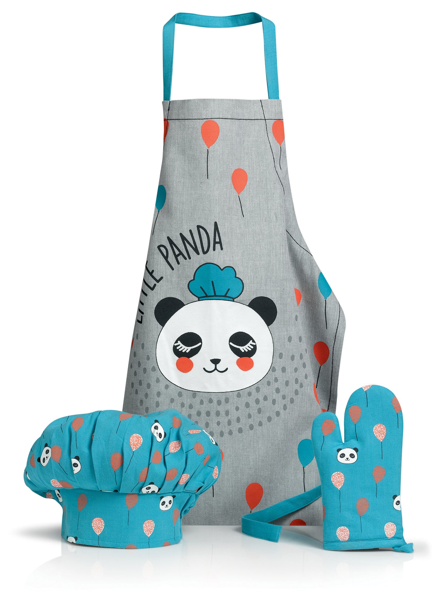 Set Schuerze  Kochmuetze und Kuechenhandschuh Panda Bleu clair Gris 52 X 63