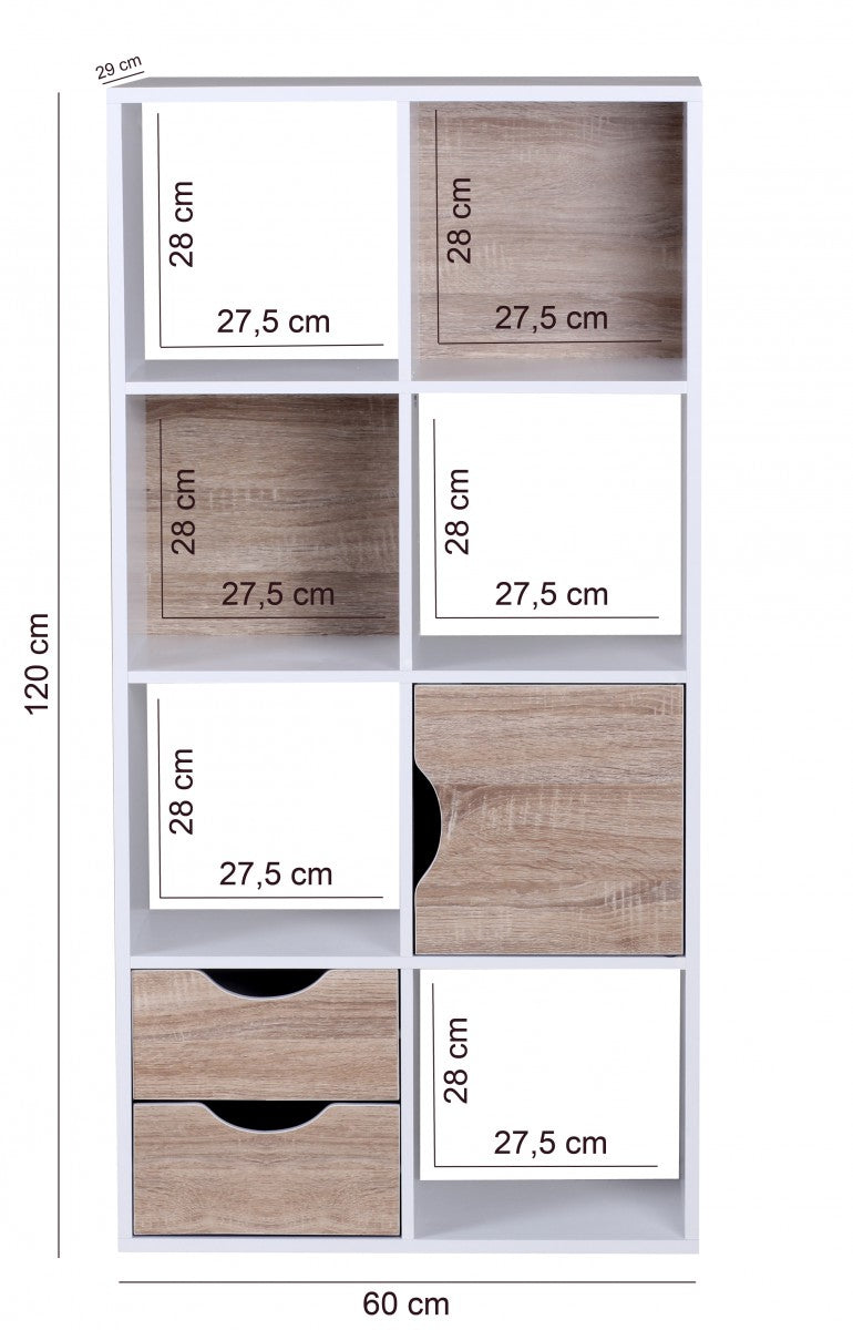 Buecherregal MASSA 60 mal 120 mal 29 cm Weiss Sonoma Eiche mit Schubladen und Tuer