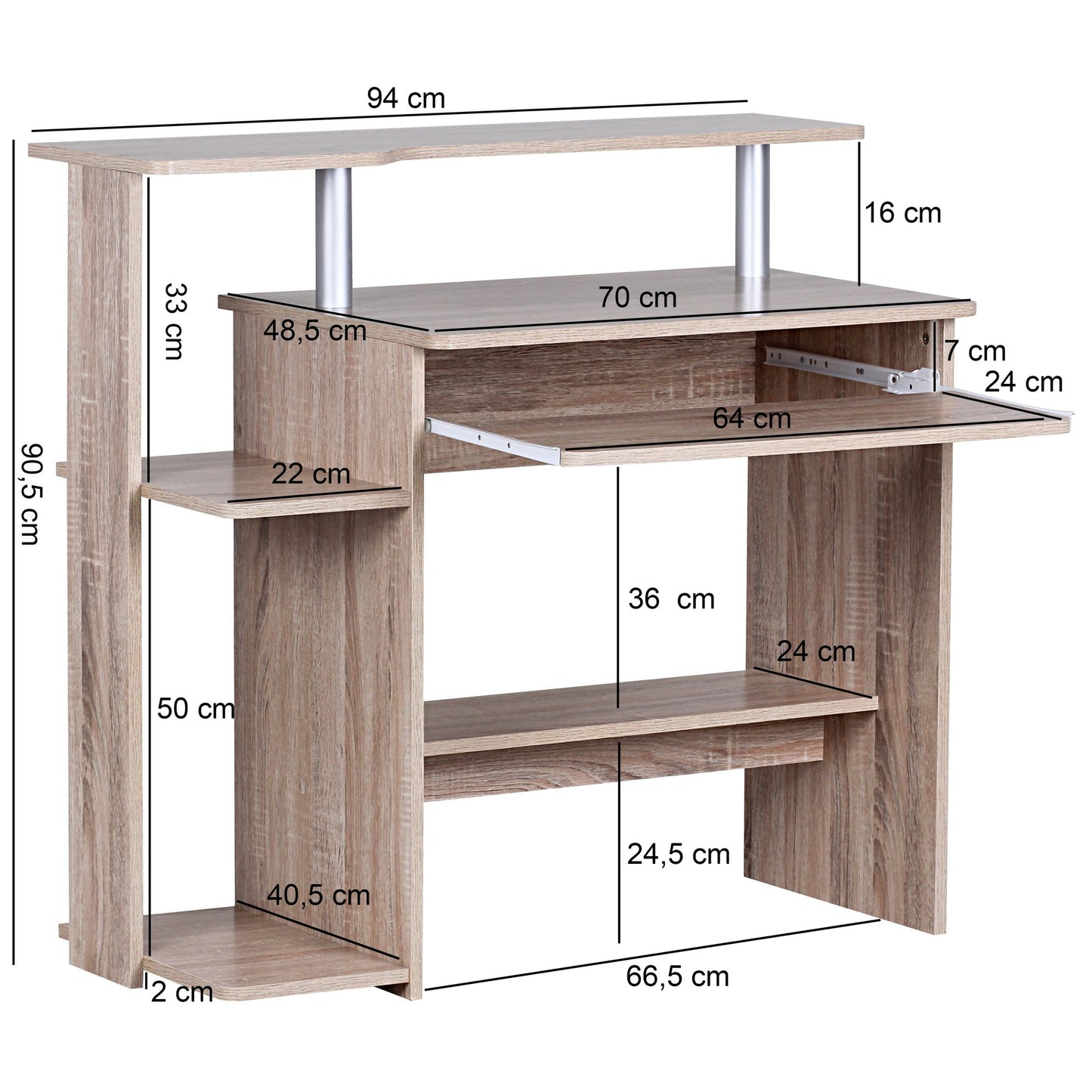 Computertisch WL1.171 Sonoma 94 mal 90 5 mal 48 5 cm Laptop Tisch Modern mit Tastaturauszug PC Tisch mit Drucker Ablage platzsparend Schreibtisch fuer kleine Raeume mit Ablage Laptoptisch Klein