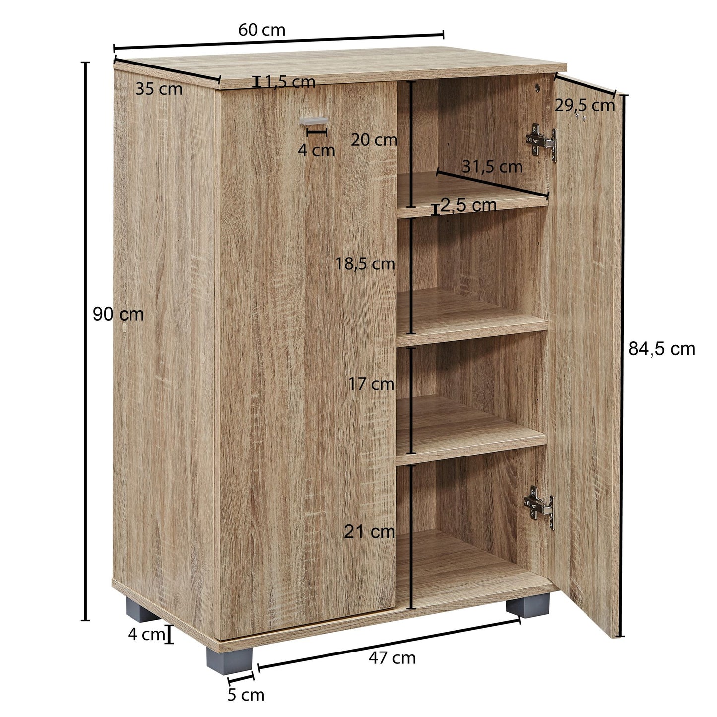 Design Schuhschrank NIMES modern Holz Sonoma 12 Paar Schuhe 4 Faecher 2 Tueren Schuhregal 60 mal 90 mal 35 cm platzsparend Schuhkommode Flurschrank mit Ablage