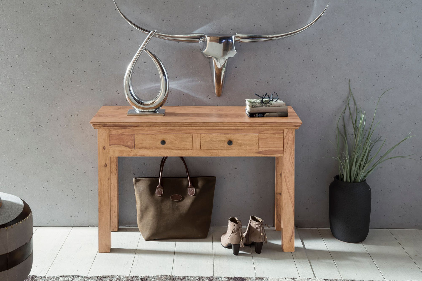 Konsolentisch MUMBAI Massivholz Akazie Konsole mit 2 Schubladen Schreibtisch 110 mal 40 cm Landhaus Stil Sideboard