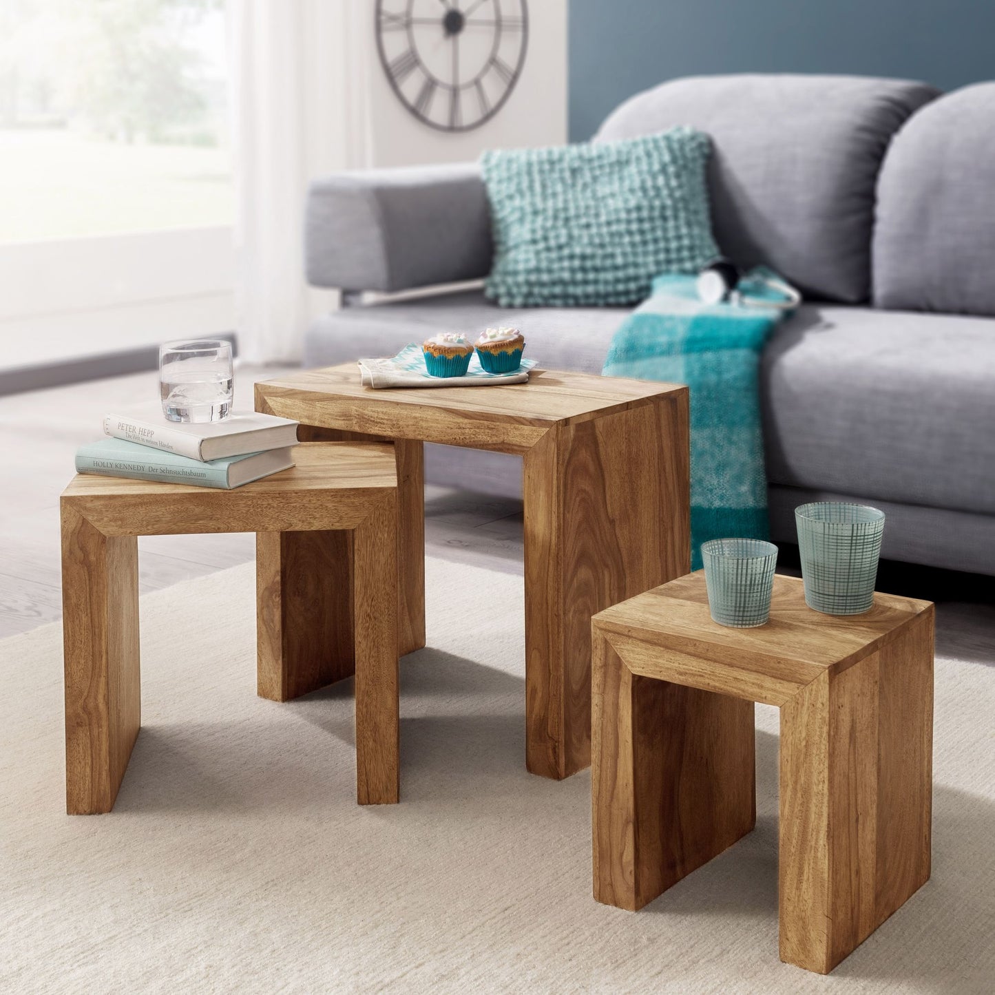 3er Set Satztisch MUMBAI Massiv Holz Akazie Wohnzimmer Tisch Landhaus Stil Beistelltisch dunkel braun Naturholz