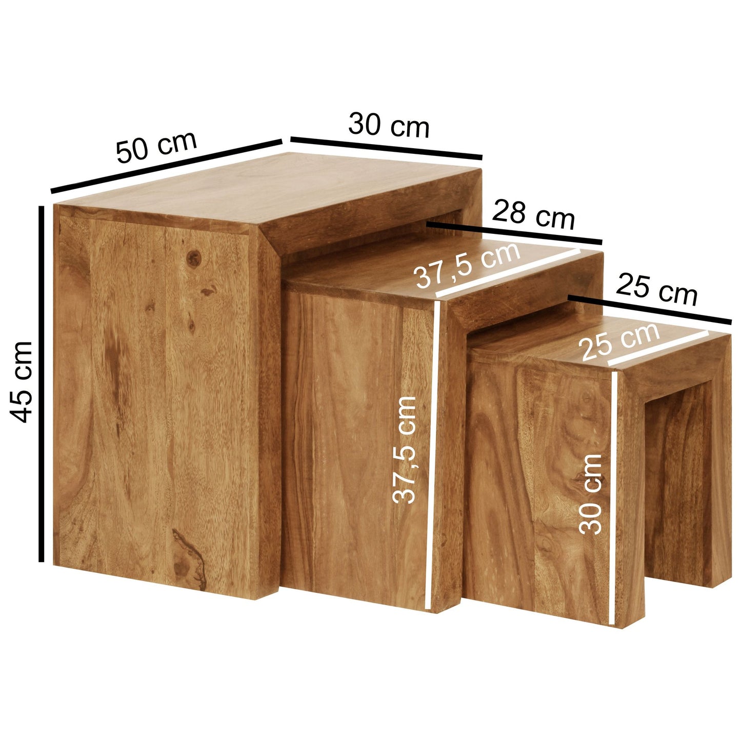 3er Set Satztisch MUMBAI Massiv Holz Akazie Wohnzimmer Tisch Landhaus Stil Beistelltisch dunkel braun Naturholz