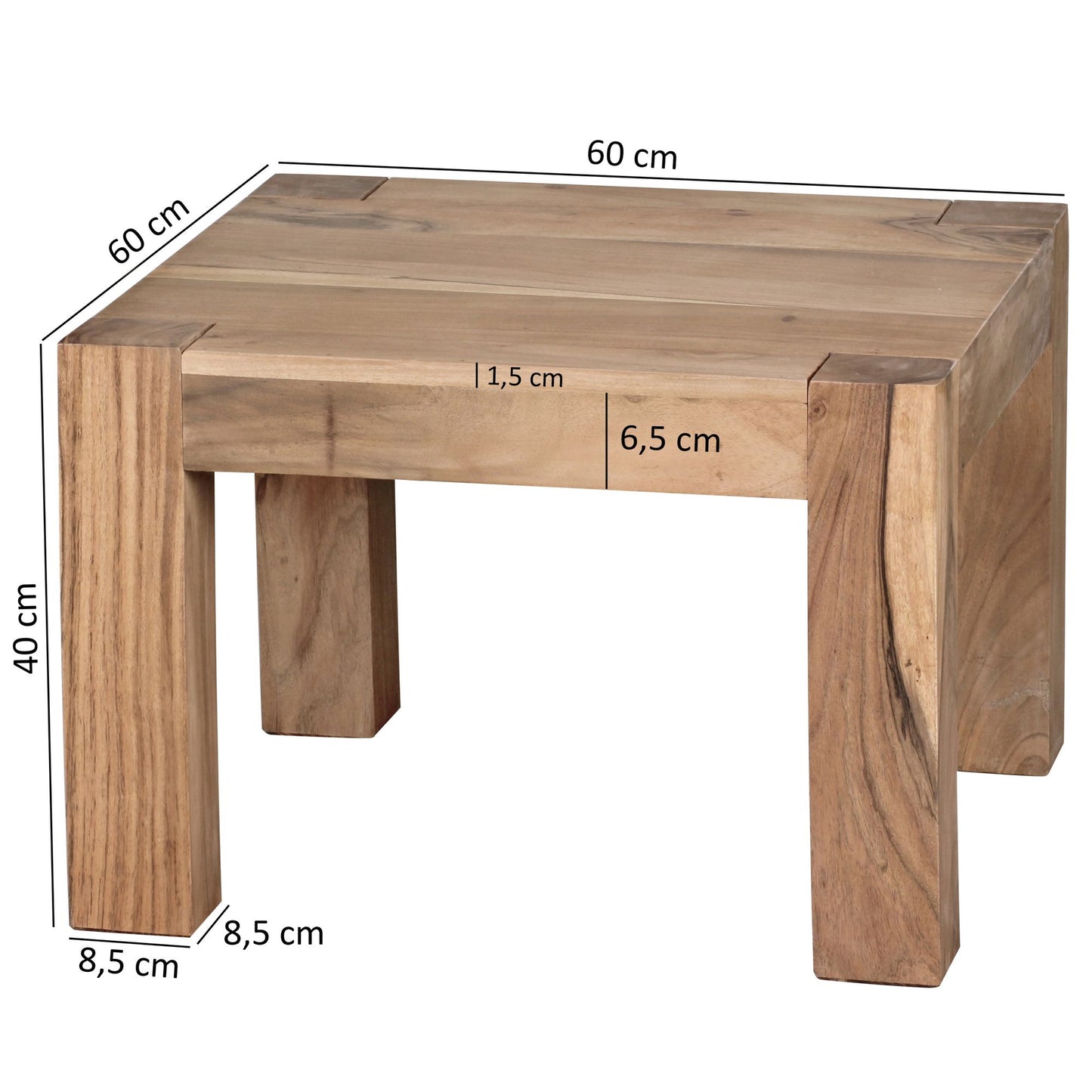 Couchtisch Massiv Holz Akazie 60 cm breit Wohnzimmer Tisch Design braun Landhaus Stil Beistelltisch natur