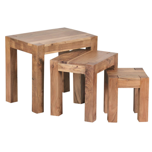 3er Set MUMBAI Satztisch Massiv Holz Akazie Wohnzimmer Tisch Landhaus Stil Beistelltisch dunkel braun Naturholz