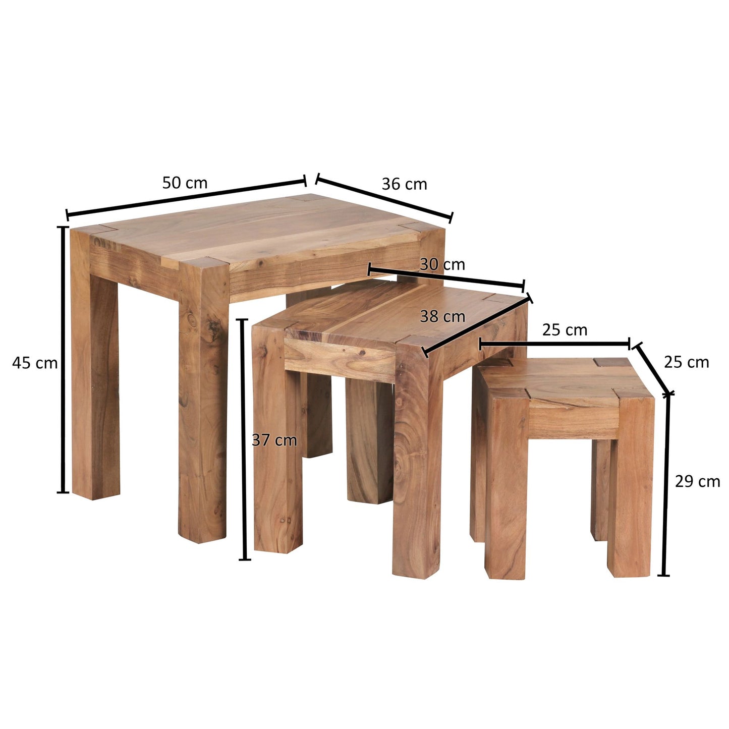 3er Set MUMBAI Satztisch Massiv Holz Akazie Wohnzimmer Tisch Landhaus Stil Beistelltisch dunkel braun Naturholz