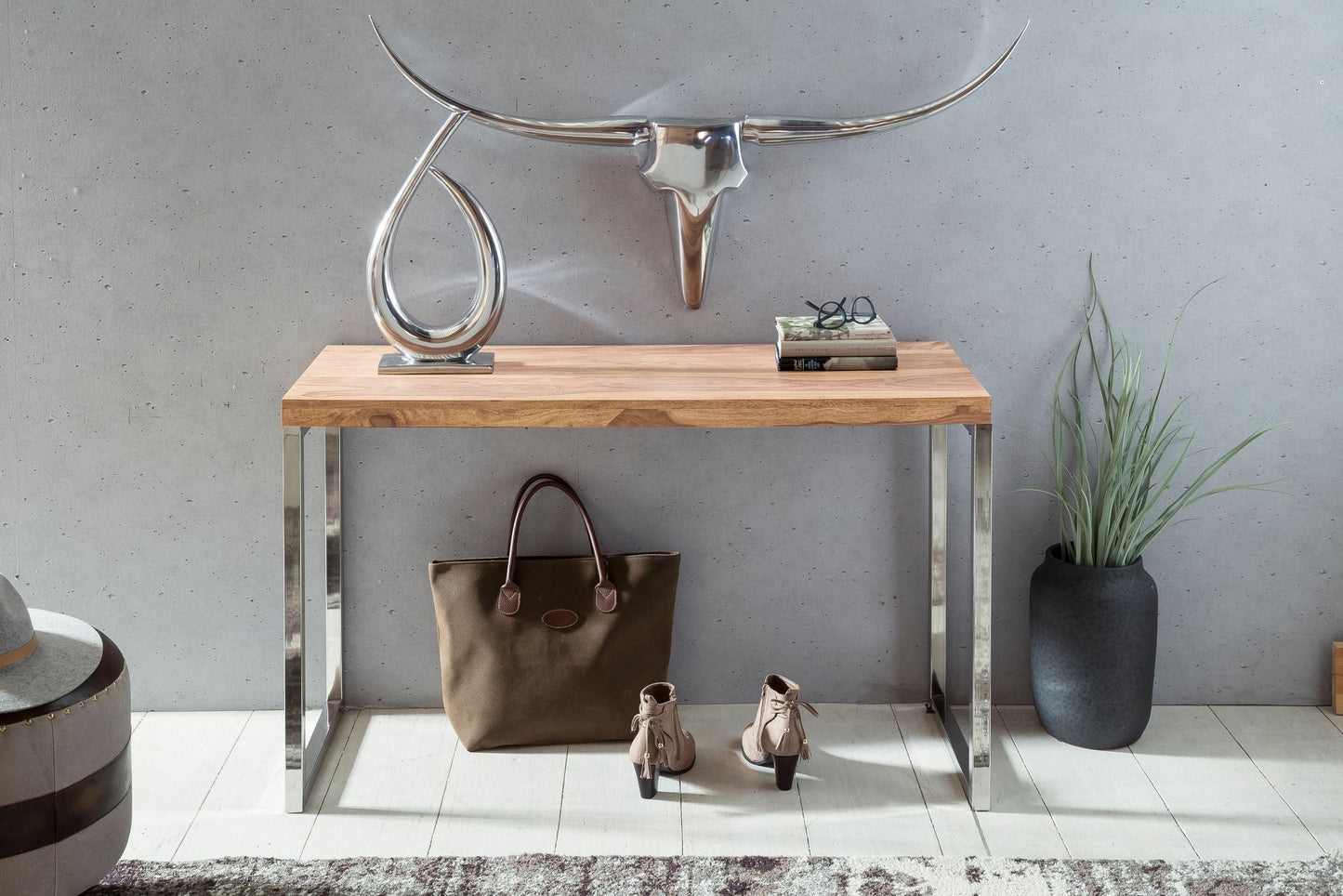 Konsolentisch GUNA Massivholz Akazie Konsole mit Metallbeinen Schreibtisch 120 mal 45 cm Landhaus Stil Sideboard