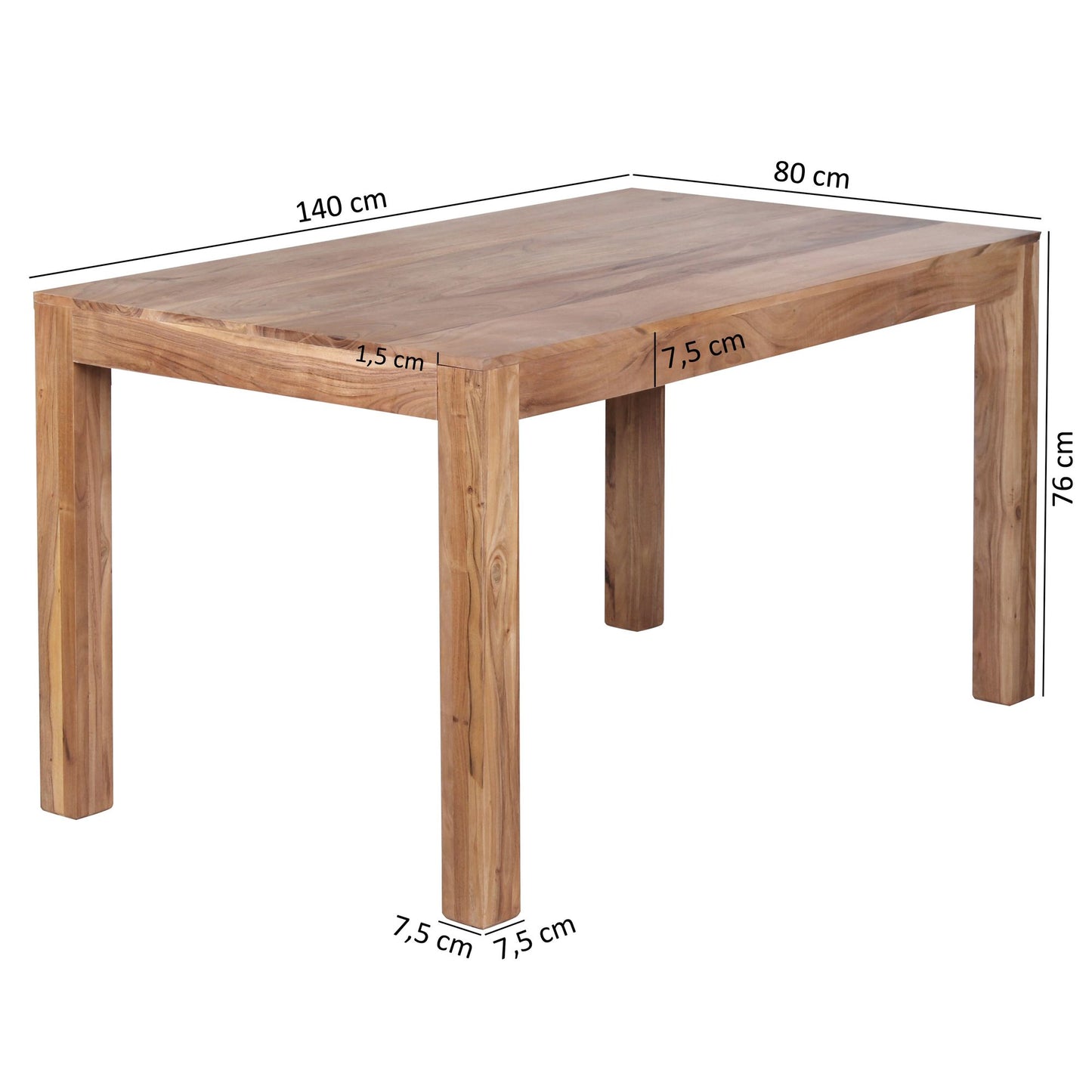 Esszimmertisch MUMBAI 140 mal 80 mal 76 cm Akazie Massivholz Esstisch Zeitlos Kuechentisch Rechteckig Holztisch Esszimmer Schlicht Grosser Speisetisch Holz