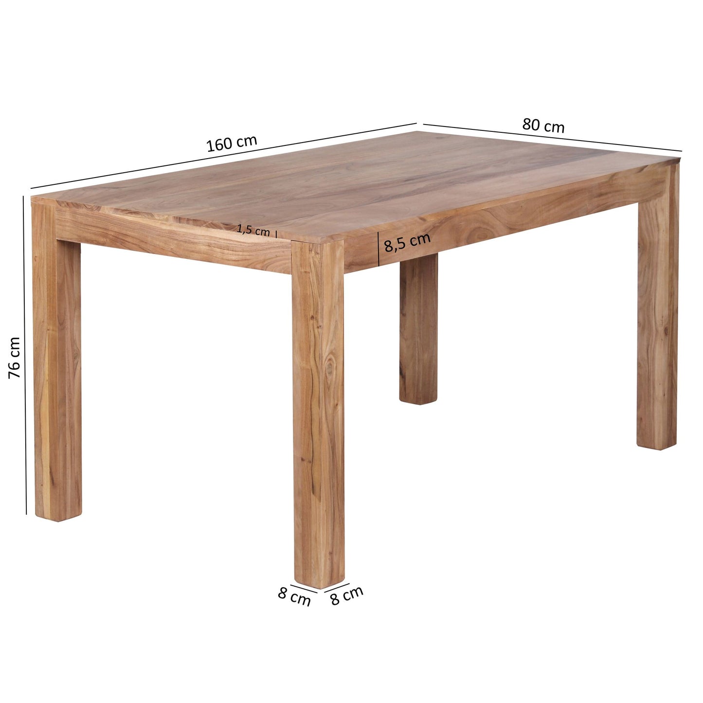 Esszimmertisch MUMBAI 160 mal 80 mal 76 cm Akazie Massivholz Esstisch Zeitlos Kuechentisch Rechteckig Holztisch Esszimmer Schlicht Grosser Speisetisch Holz