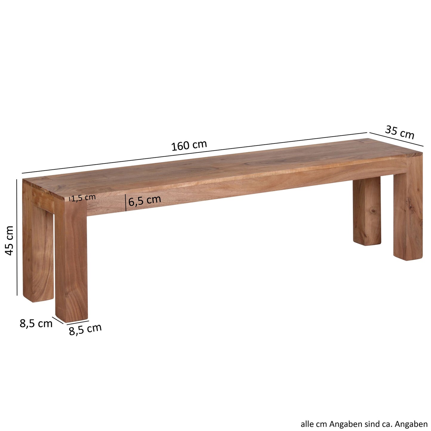 Esszimmer Sitzbank MUMBAI Massiv Holz Akazie 160 mal 45 mal 35 cm Holz Bank Natur Produkt Kuechenbank im Landhaus Stil