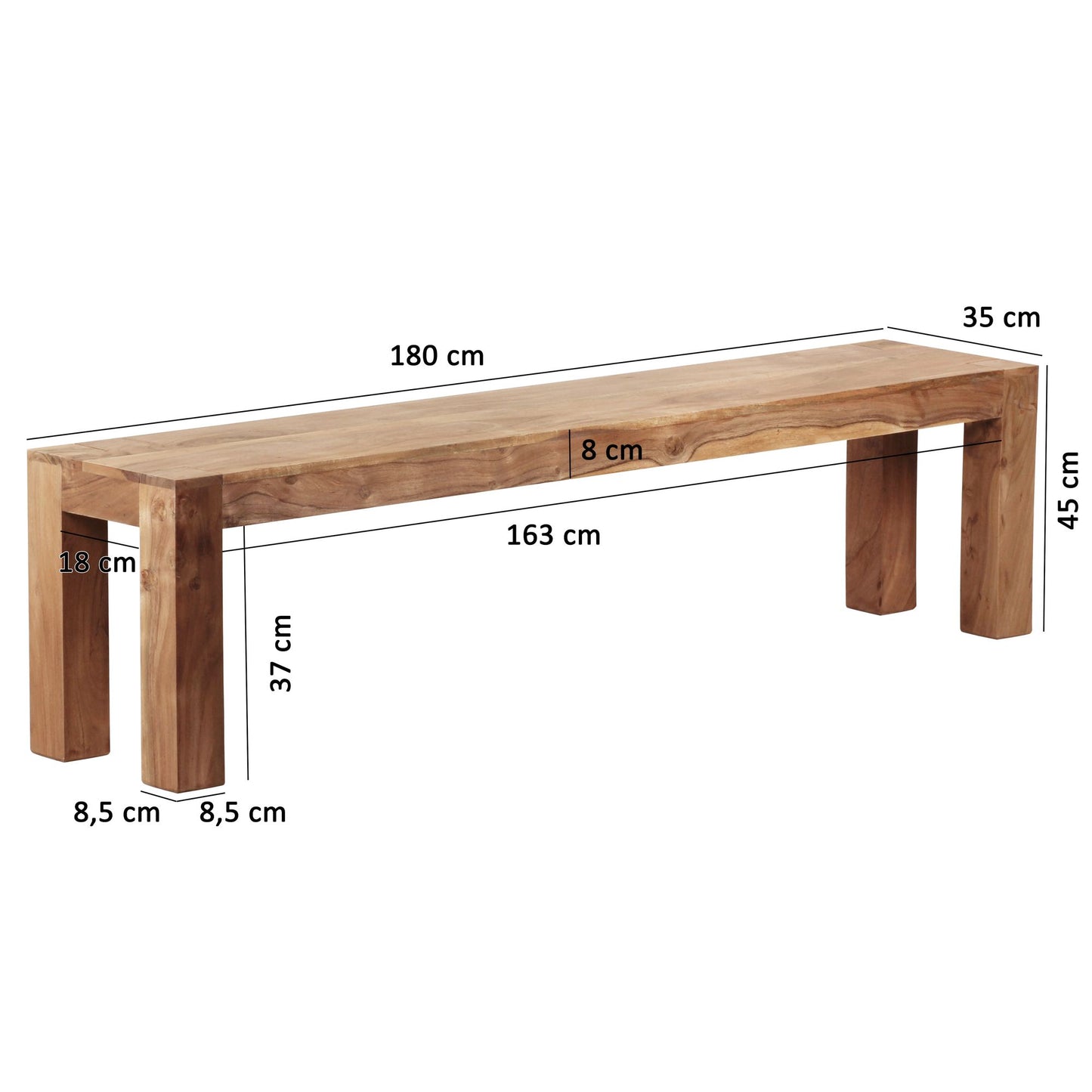 Esszimmer Sitzbank MUMBAI Massiv Holz Akazie 180 mal 45 mal 35 cm Holz Bank Natur Produkt Kuechenbank im Landhaus Stil