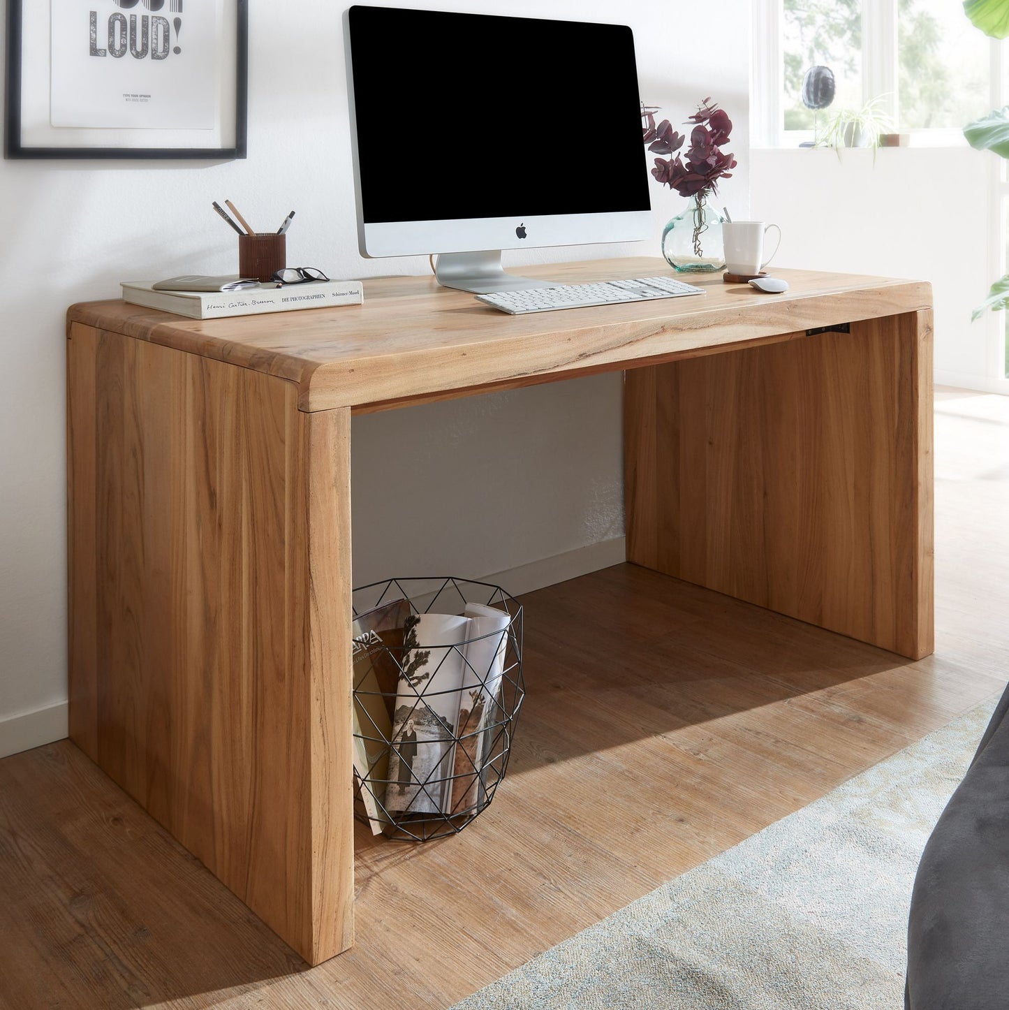 Schreibtisch BOHA Massiv Holz Akazie Computertisch 140 cm breit Echtholz Design Ablage Buero Tisch Landhaus Stil