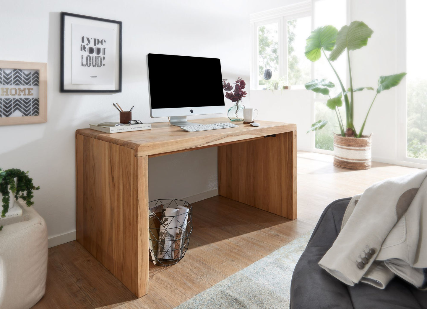 Schreibtisch BOHA Massiv Holz Akazie Computertisch 140 cm breit Echtholz Design Ablage Buero Tisch Landhaus Stil