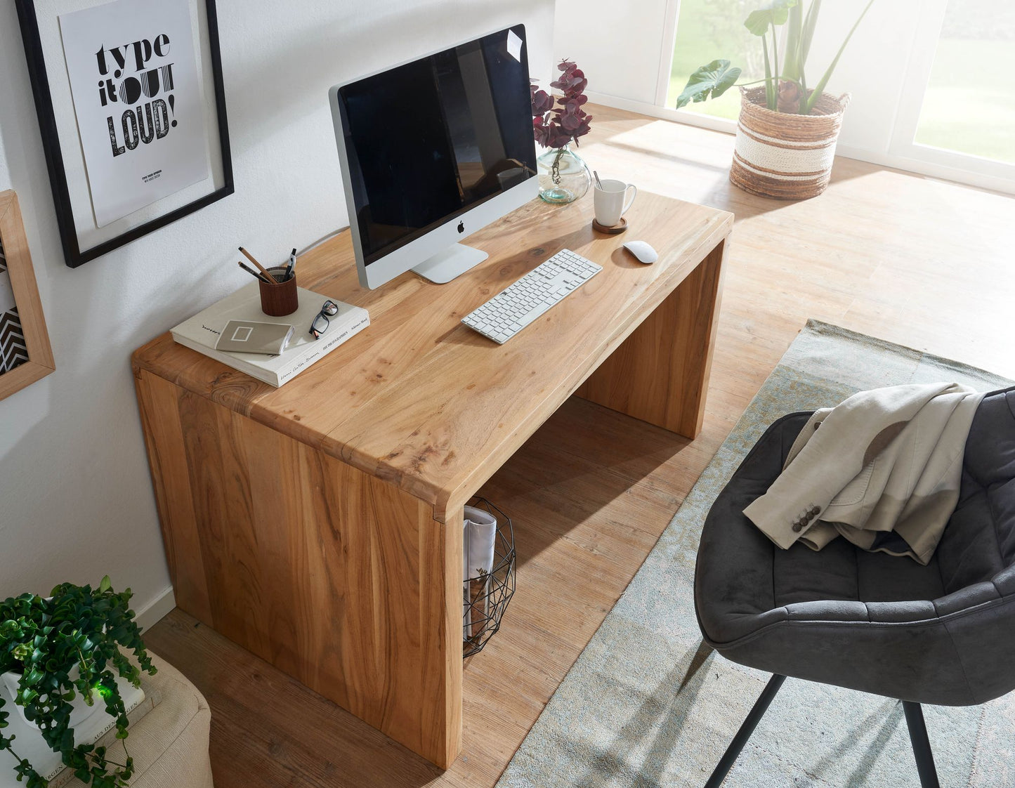 Schreibtisch BOHA Massiv Holz Akazie Computertisch 140 cm breit Echtholz Design Ablage Buero Tisch Landhaus Stil