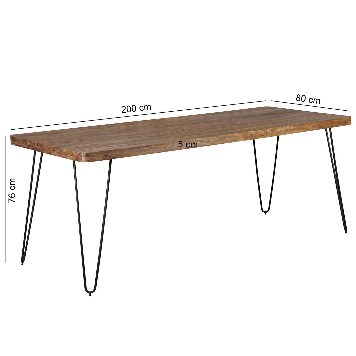 Esstisch BAGLI Massivholz Sheesham 200 mal 80 mal 76 cm Esszimmer Tisch Kuechentisch modern Landhaus Stil Holztisch mit Metallbeinen dunkel braun Natur Produkt Massivholzmoebel