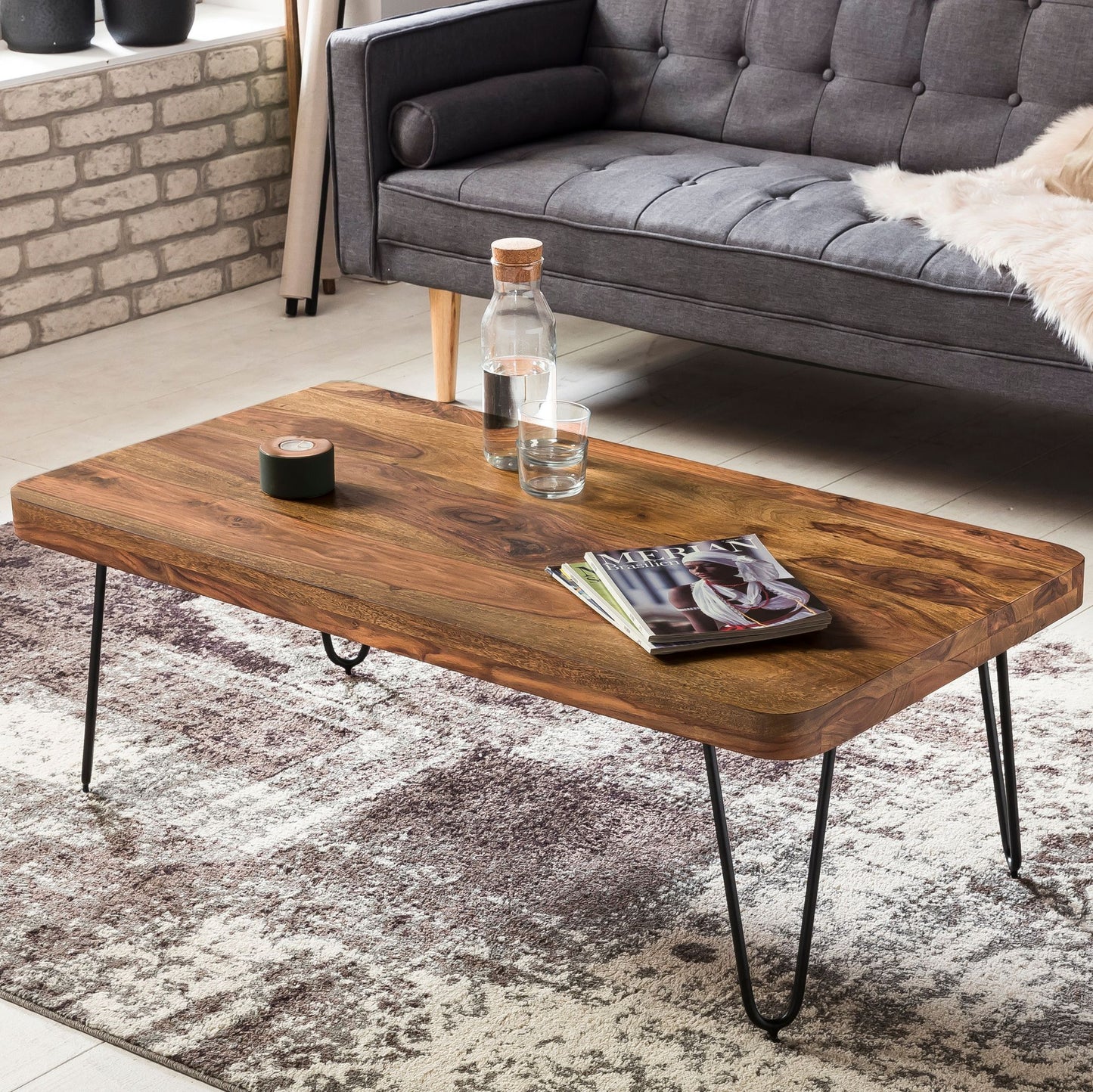 Couchtisch BAGLI Massiv Holz Sheesham 115 cm breit Wohnzimmer Tisch Design Metallbeine Landhaus Stil Beistelltisch