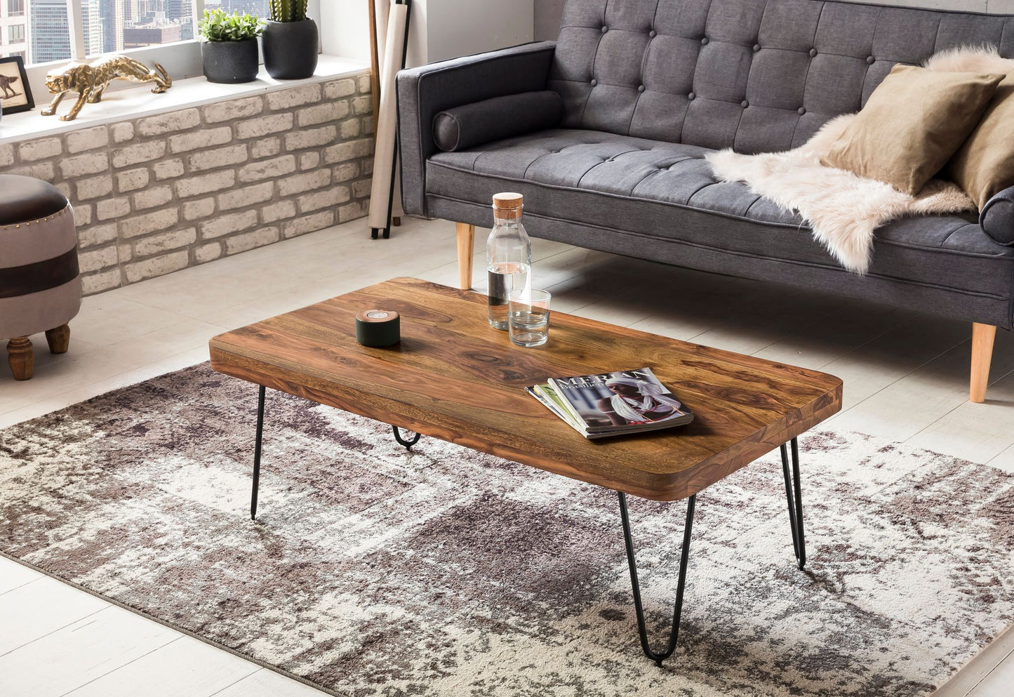 Couchtisch BAGLI Massiv Holz Sheesham 115 cm breit Wohnzimmer Tisch Design Metallbeine Landhaus Stil Beistelltisch