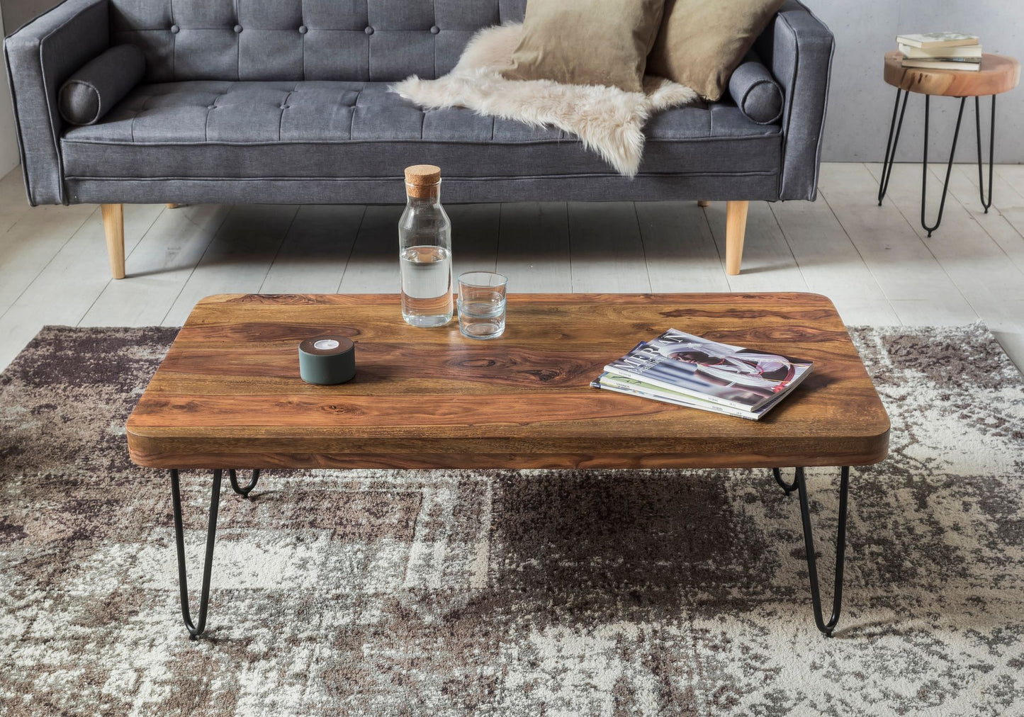 Couchtisch BAGLI Massiv Holz Sheesham 115 cm breit Wohnzimmer Tisch Design Metallbeine Landhaus Stil Beistelltisch