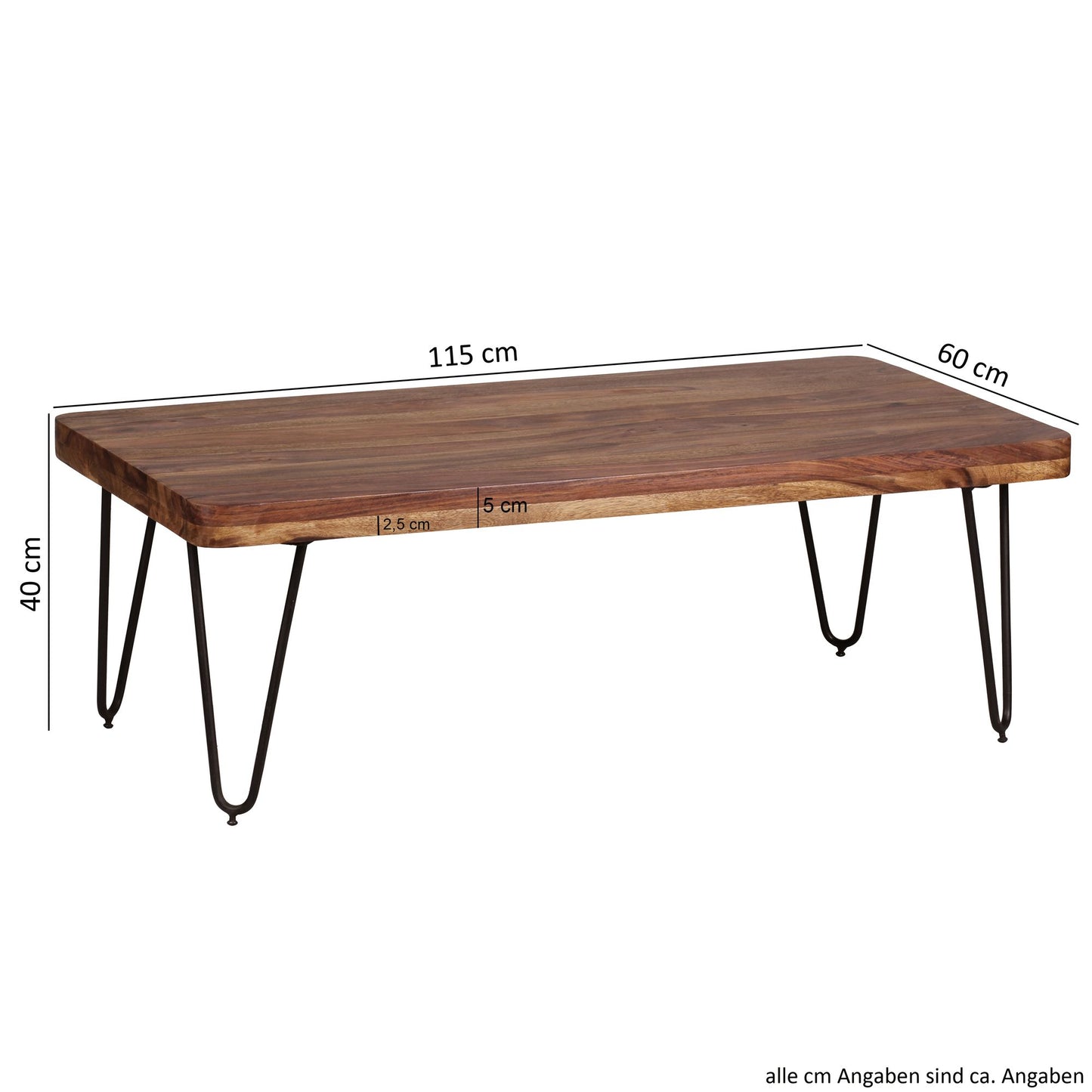 Couchtisch BAGLI Massiv Holz Sheesham 115 cm breit Wohnzimmer Tisch Design Metallbeine Landhaus Stil Beistelltisch