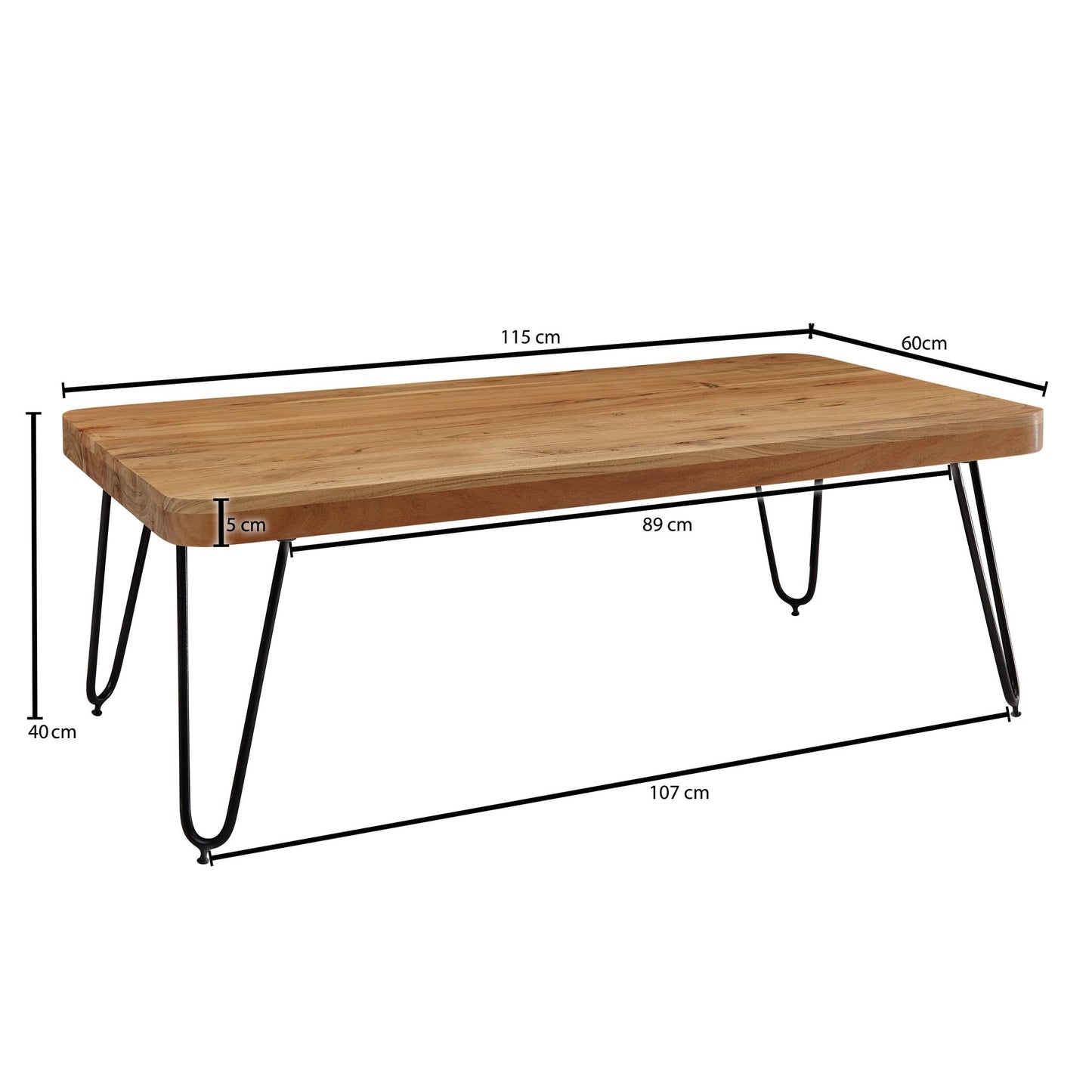 Couchtisch BAGLI Massiv Holz Akazie 115 cm breit Wohnzimmer Tisch Design Metallbeine Landhaus Stil Beistelltisch