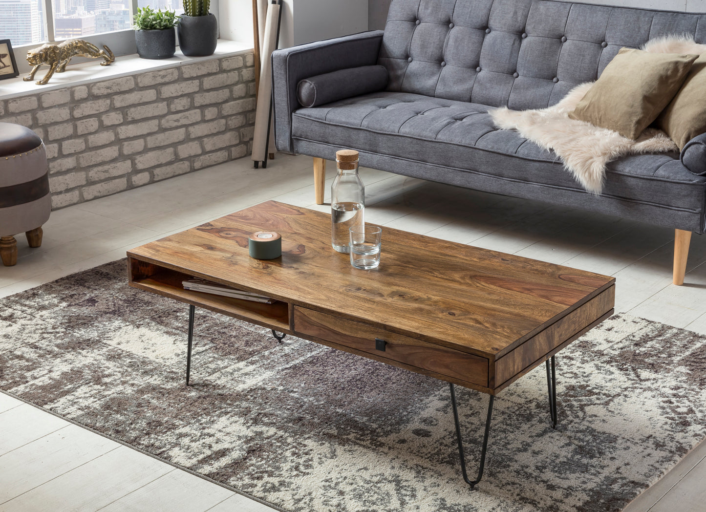 Couchtisch BAGLI Massiv Holz Sheesham 110 cm breit Wohnzimmer Tisch Design Metallbeine Landhaus Stil Beistelltisch