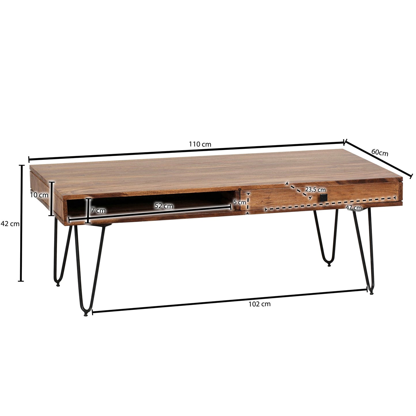 Couchtisch BAGLI Massiv Holz Sheesham 110 cm breit Wohnzimmer Tisch Design Metallbeine Landhaus Stil Beistelltisch