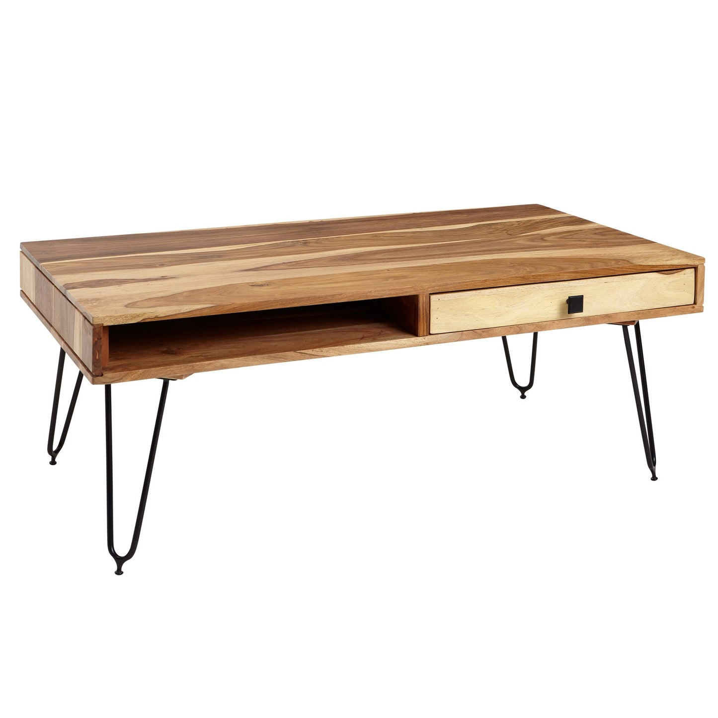 Couchtisch BAGLI Massiv Holz Akazie 110 cm breit Wohnzimmer Tisch Design Metallbeine Landhaus Stil Beistelltisch