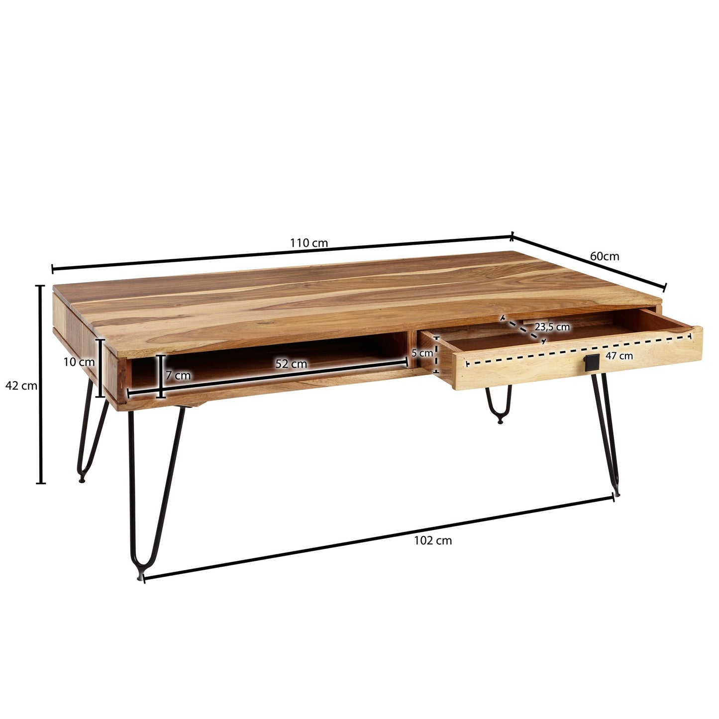 Couchtisch BAGLI Massiv Holz Akazie 110 cm breit Wohnzimmer Tisch Design Metallbeine Landhaus Stil Beistelltisch
