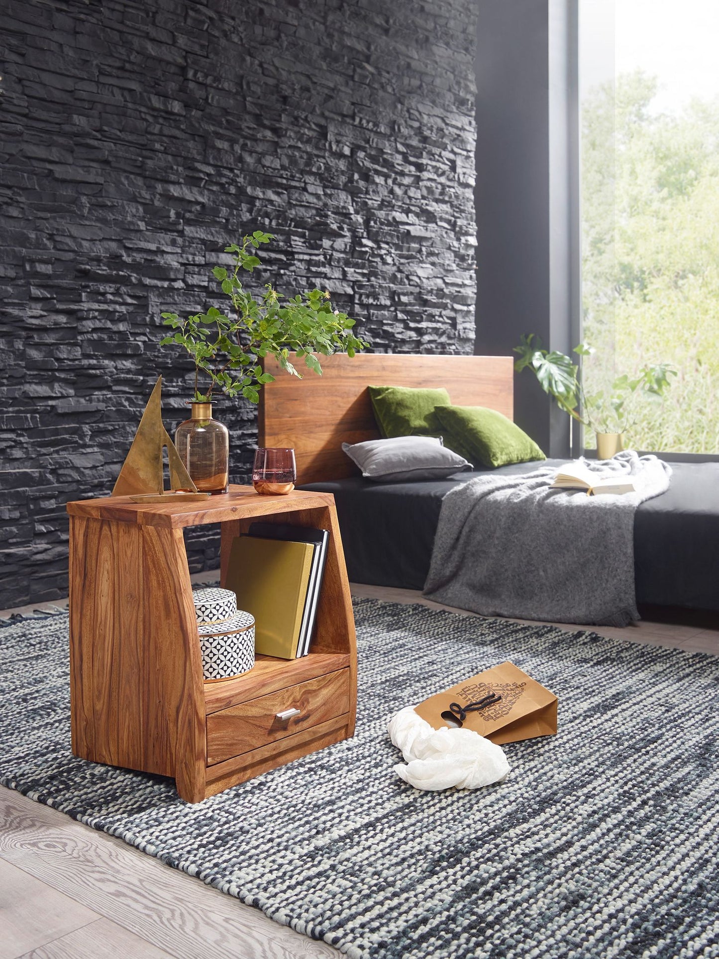 Nachttisch MUMBAI Massiv Holz Sheesham Nacht Kommode 53 cm 1 Schublade Ablage Nachtschrank Landhaus Stil Echt Holz