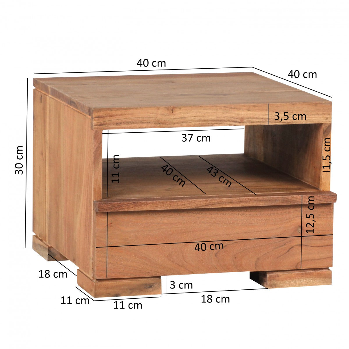 Nachttisch MUMBAI Massiv Holz Akazie Nacht Kommode 30 cm 1 Schublade Ablage Nachtschrank Landhaus Stil Echt Holz