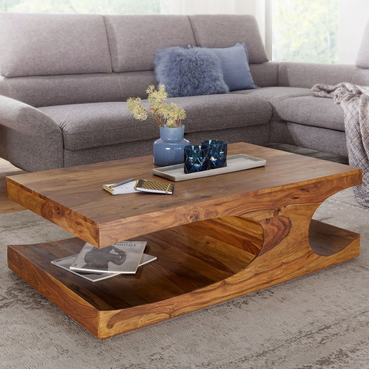Couchtisch BOHA Massiv Holz Sheesham 118 cm breit Wohnzimmer Tisch Design dunkel braun Landhaus Stil Beistelltisch