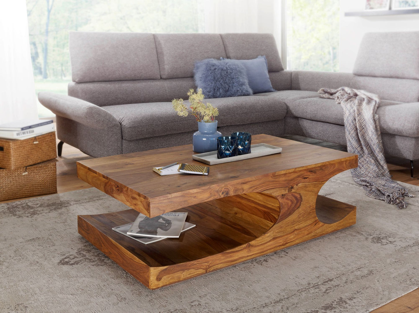 Couchtisch BOHA Massiv Holz Sheesham 118 cm breit Wohnzimmer Tisch Design dunkel braun Landhaus Stil Beistelltisch