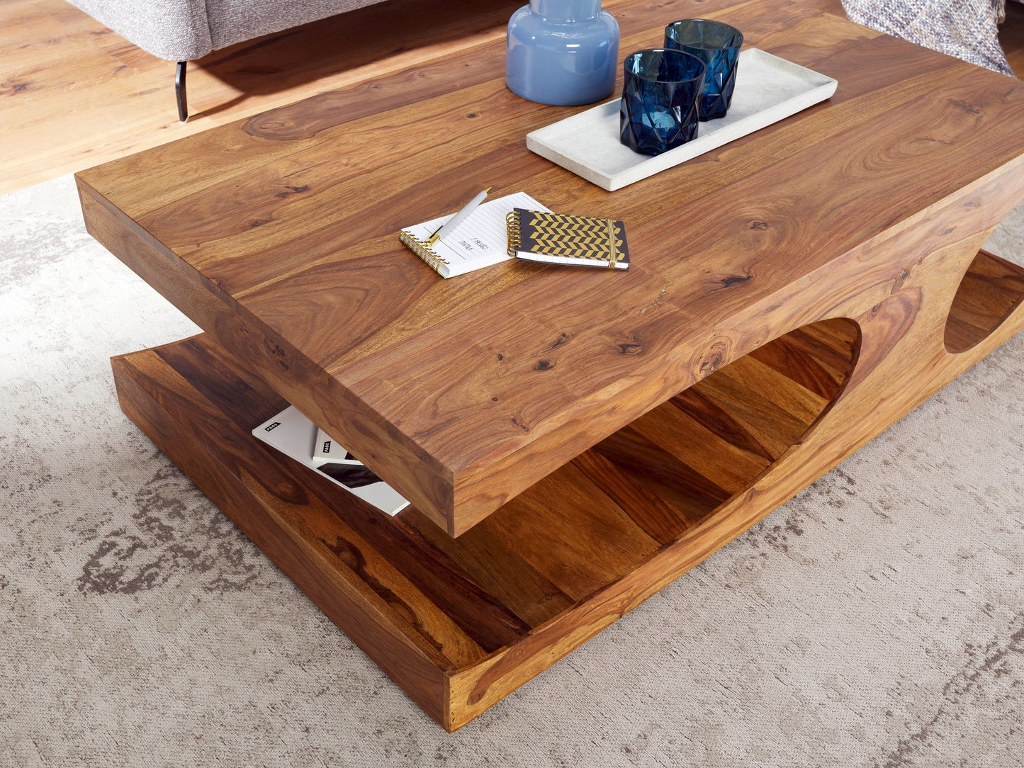 Couchtisch BOHA Massiv Holz Sheesham 118 cm breit Wohnzimmer Tisch Design dunkel braun Landhaus Stil Beistelltisch