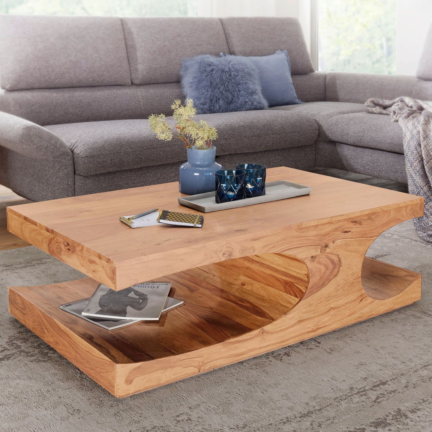 Couchtisch BOHA Massiv Holz Akazie 118 cm breit Wohnzimmer Tisch Design dunkel braun Landhaus Stil Beistelltisch