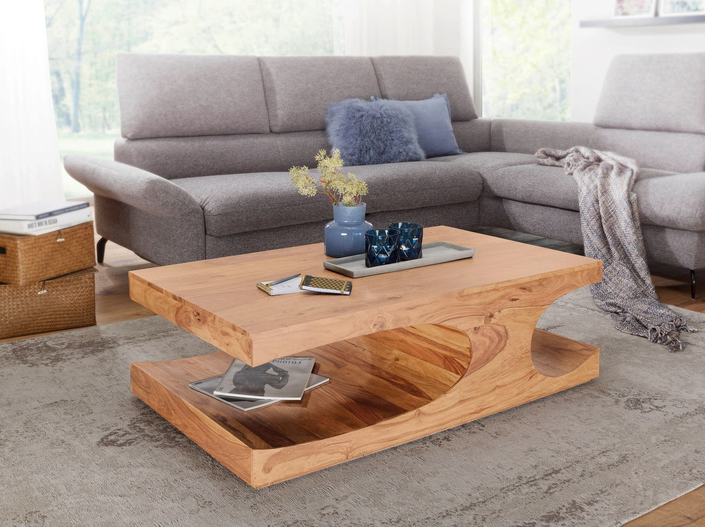 Couchtisch BOHA Massiv Holz Akazie 118 cm breit Wohnzimmer Tisch Design dunkel braun Landhaus Stil Beistelltisch