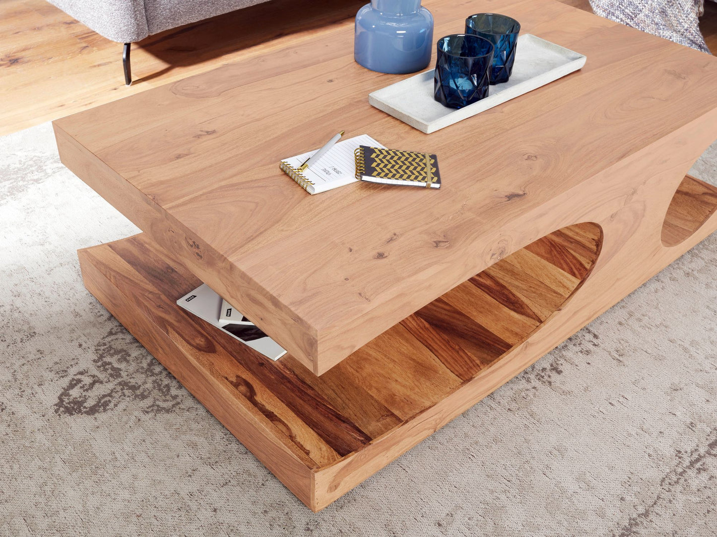 Couchtisch BOHA Massiv Holz Akazie 118 cm breit Wohnzimmer Tisch Design dunkel braun Landhaus Stil Beistelltisch