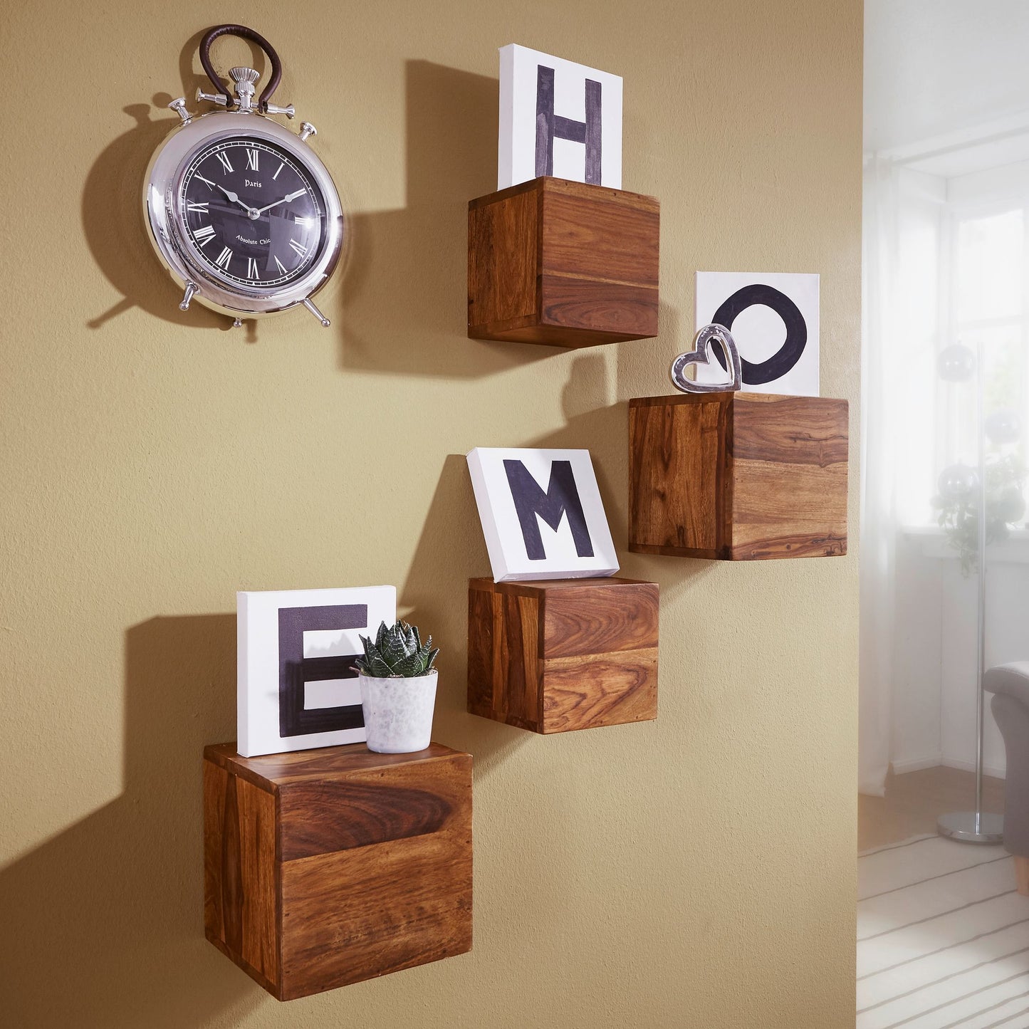 4er Set Wandregale MUMBAI Massivholz Sheesham Holzregal Landhaus Stil Haengeregal 25cm und 20cm Echt Holz Wandboard