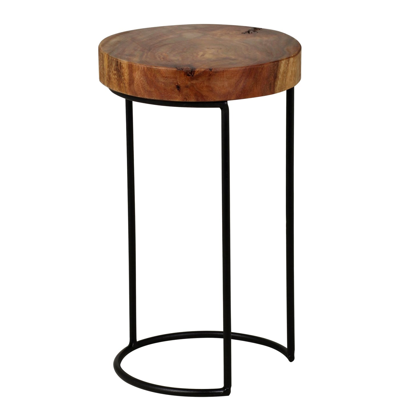 Beistelltisch AKOLA Massiv Holz Sheesham Wohnzimmer Tisch Metallbeine Landhaus Stil Baumstamm Form Echt Holz Natur