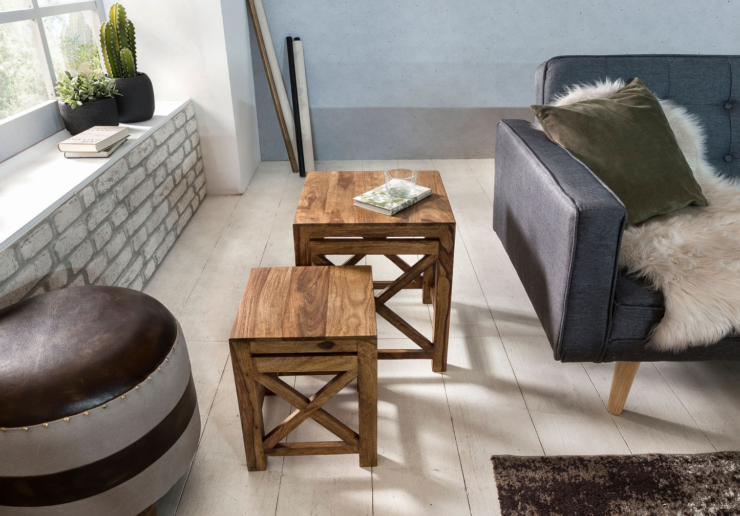 2er Set Beistelltisch PALI Massiv Holz Sheesham Wohnzimmer Tisch Design dunkel braun Landhaus Stil Couchtisch