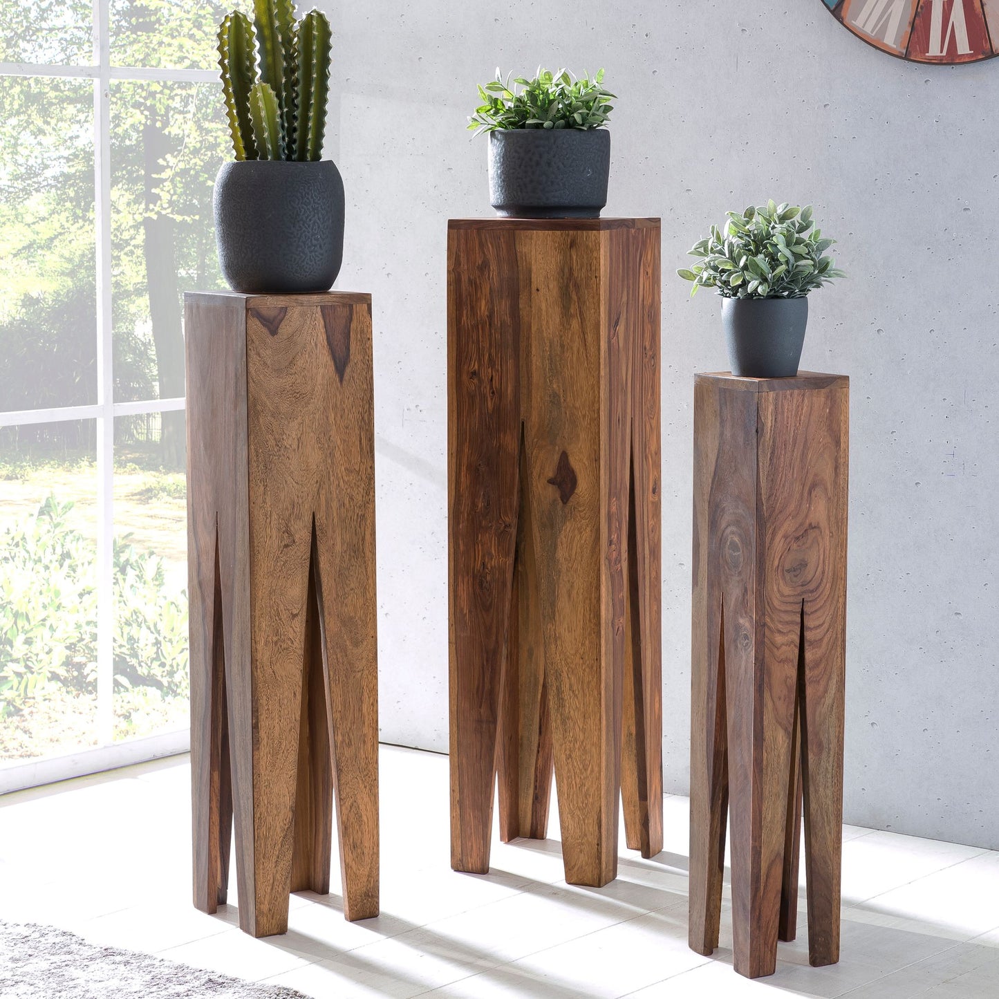 Beistelltisch 3er Set Sheesham Massivholz Satztisch Quadratisch Modern Saeulentisch 3 teilig Blumenstaender Wohnzimmer Dekosaeule